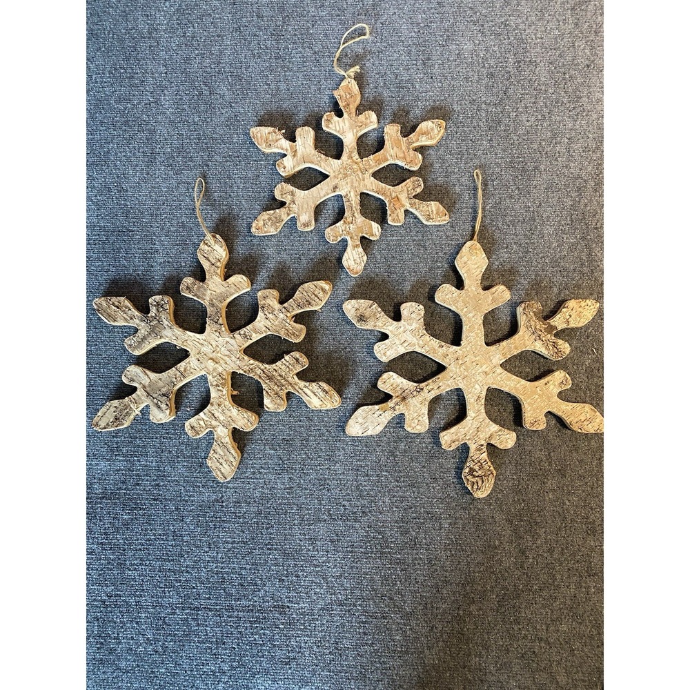 Set Of 3 Rustic Distressed Natural Wood Snowflake Decor Xmas Winter Cottagecore